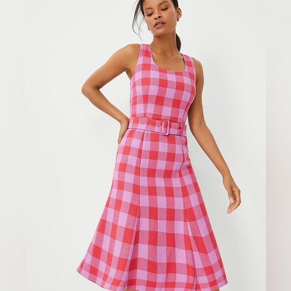 Ann Taylor Pink Purple Plaid Belted Midi Checkered Sleeveless Dress Sz Pepite 0 - Picture 2 of 14
